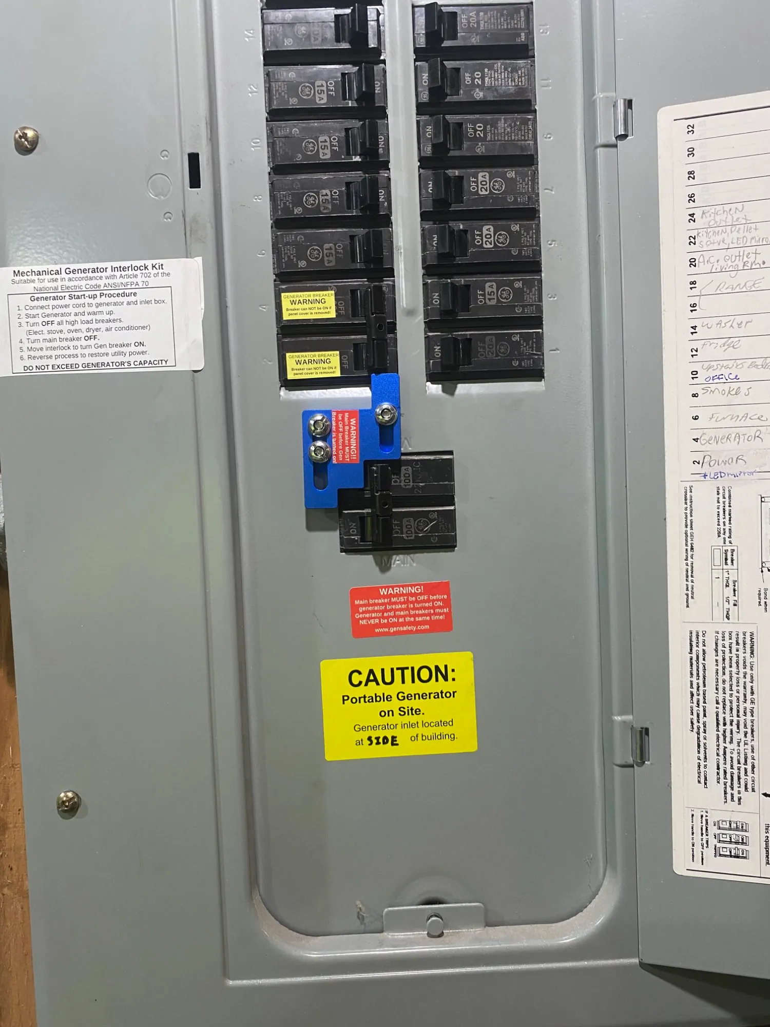 Electrical panel with generator interlock kit inspection